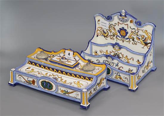 A Gien faience inkstand and a similar stationery rack